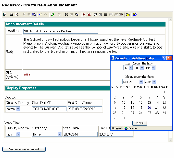 Figure 4: Create New Announcement Form