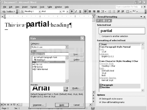 Figure 2-28: An automatically created linked character style, "Heading 1 Char"